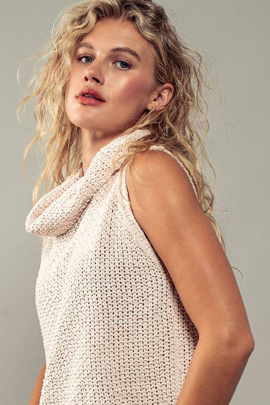Taylor Sleeveless Cowl Neck Crochet Top: BLACK