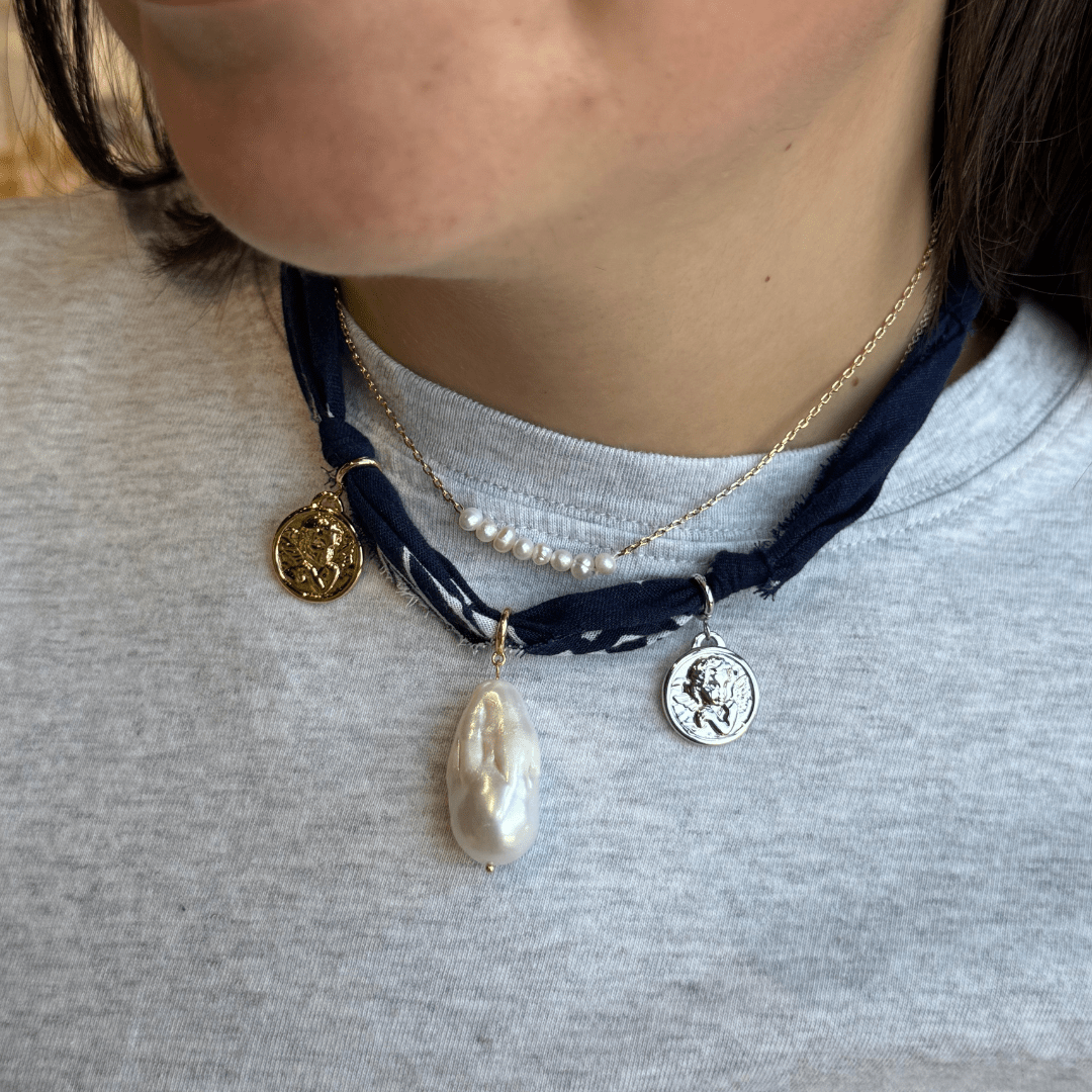 Navy Bandana Necklace: Silver Oversized Heart Charm / Navy