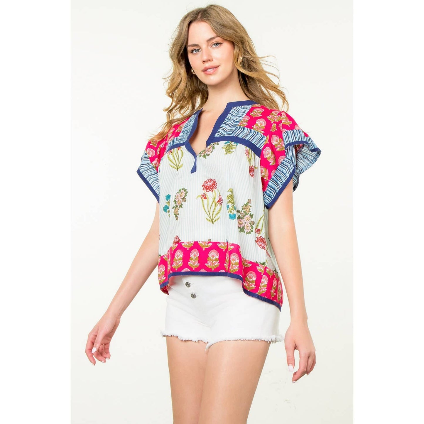 Logan Striped Floral Flutter Sleeve Top: MAGENTA