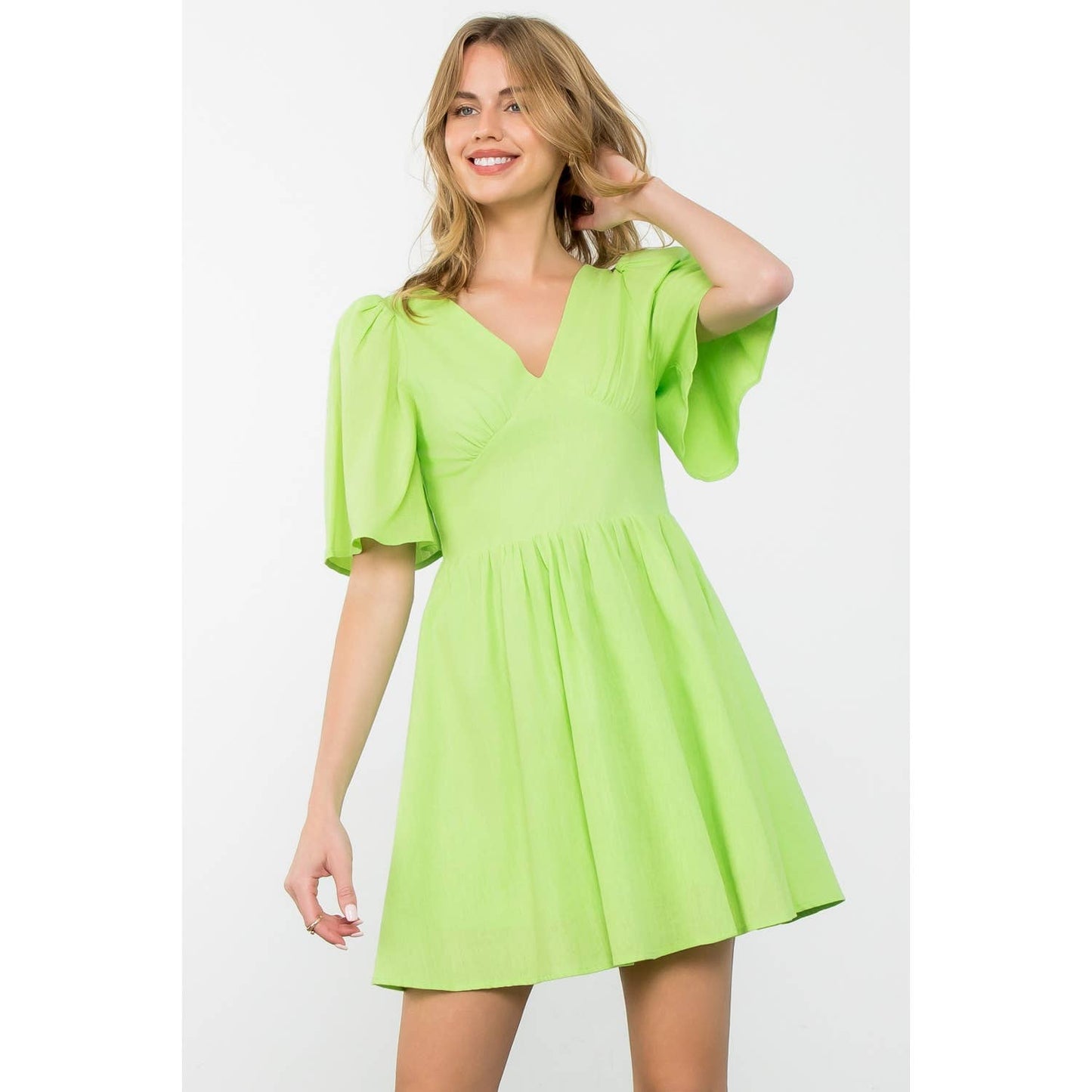 Avery Puff Sleeve V-Neck Solid Mini Dress: LIME