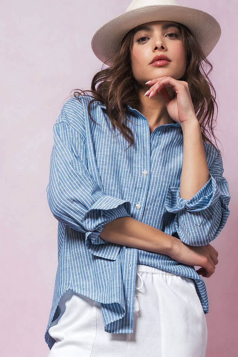 Timeless Pinstripe Button Up Shirt: PINK