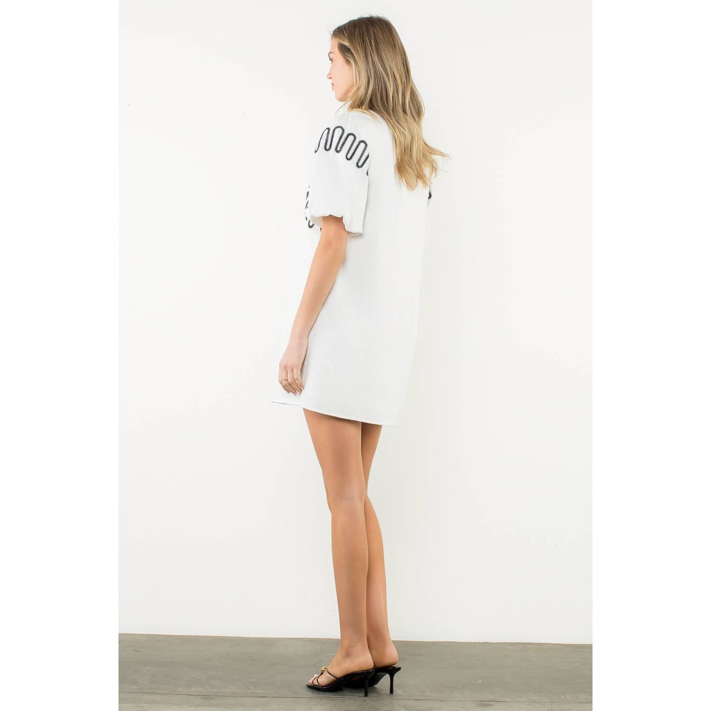 Amelia Embroidered Puff Sleeve V-Neck Dress: Black