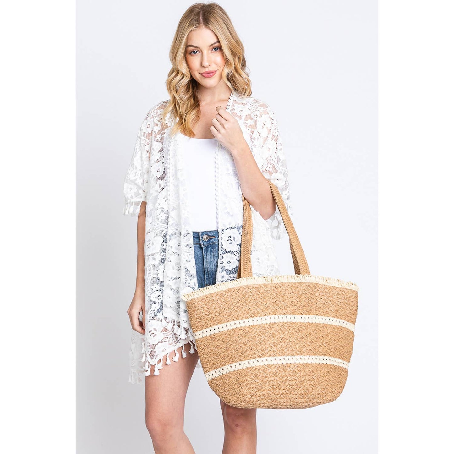 Lizzie Striped Detail Frayed Straw Bag: