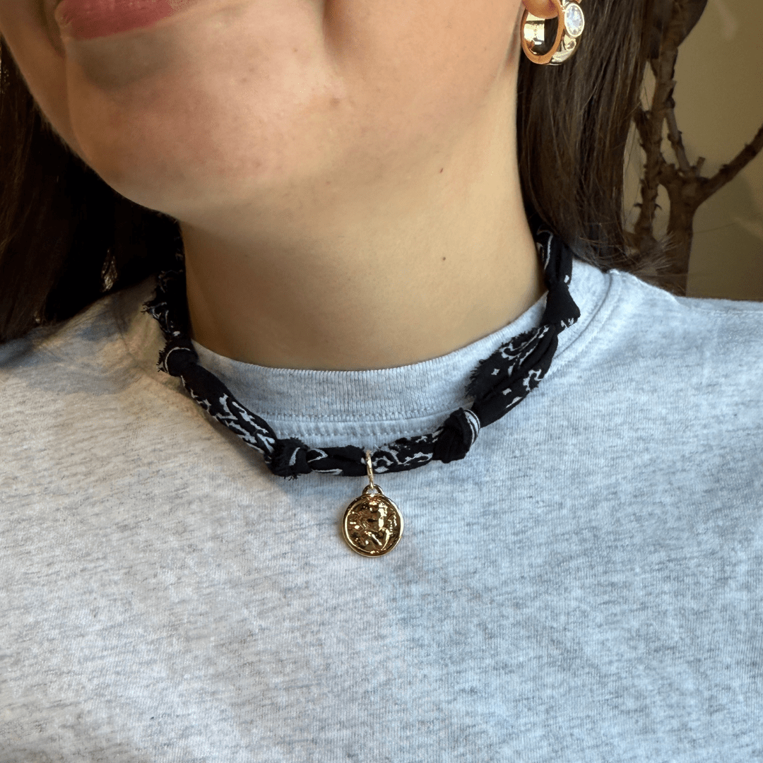 Navy Bandana Necklace: Silver Oversized Heart Charm / Navy