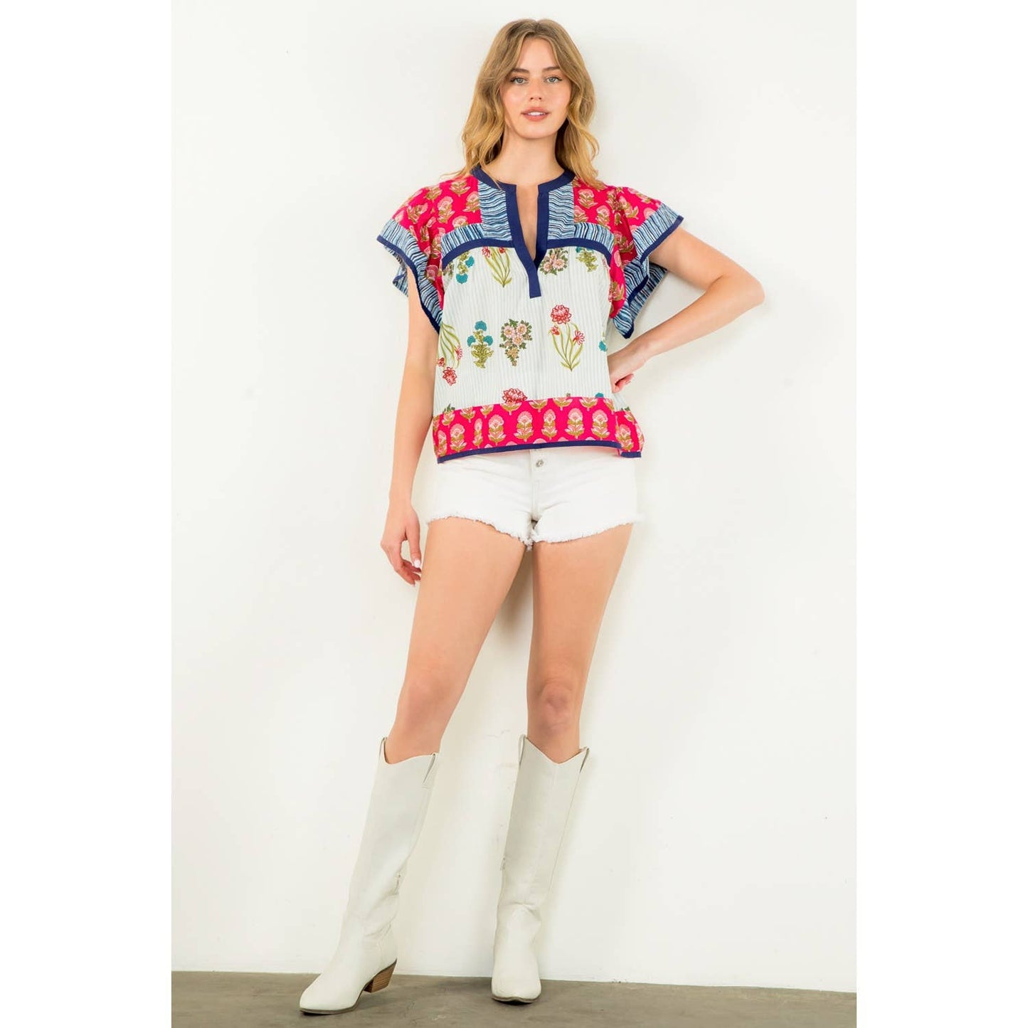 Logan Striped Floral Flutter Sleeve Top: MAGENTA