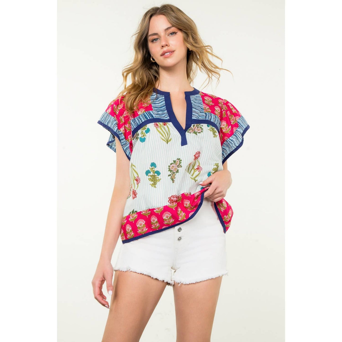 Logan Striped Floral Flutter Sleeve Top: MAGENTA
