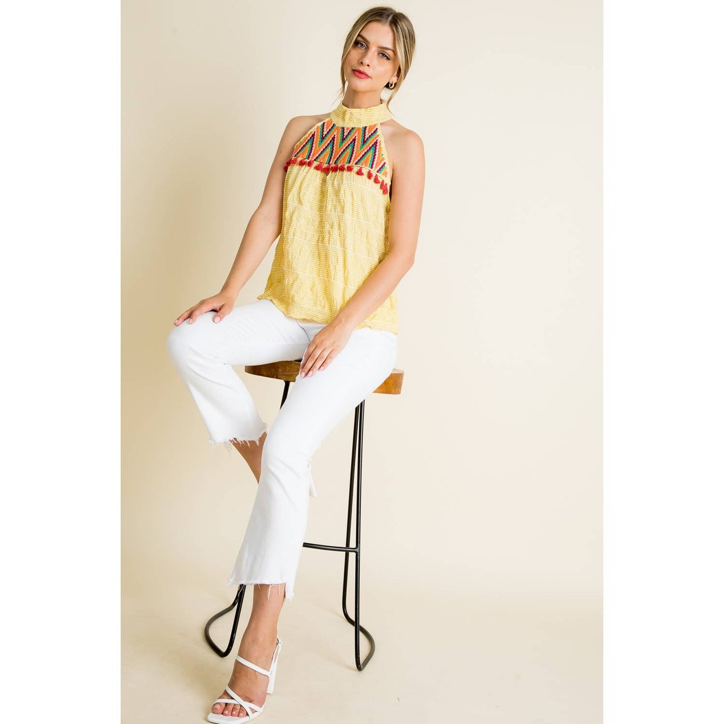 Embroidered Gingham Print Halter Top