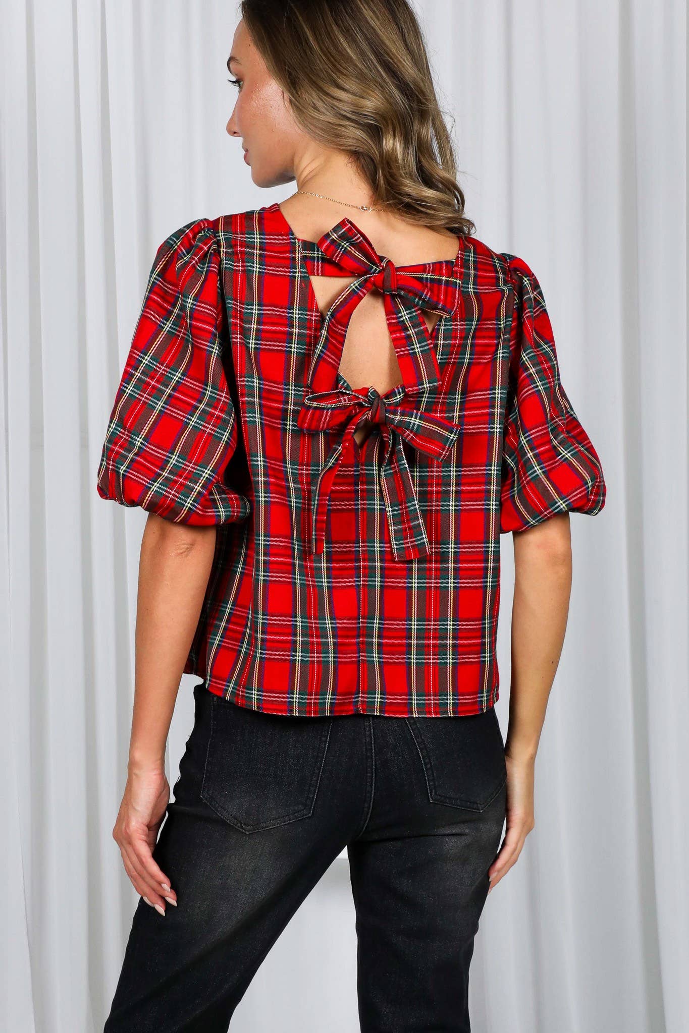 Gwyneth Bow Detail Top: Plaid
