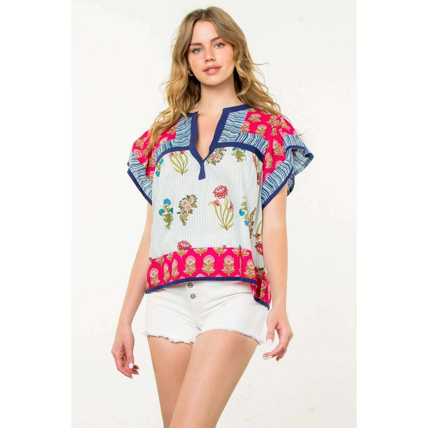 Logan Striped Floral Flutter Sleeve Top: MAGENTA
