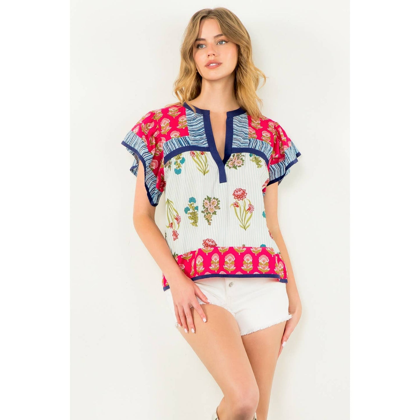 Logan Striped Floral Flutter Sleeve Top: MAGENTA