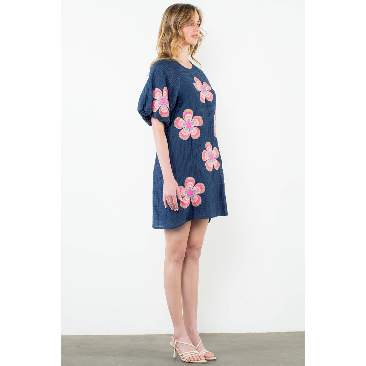 Flower Embroidered Textured Dress: NAVY