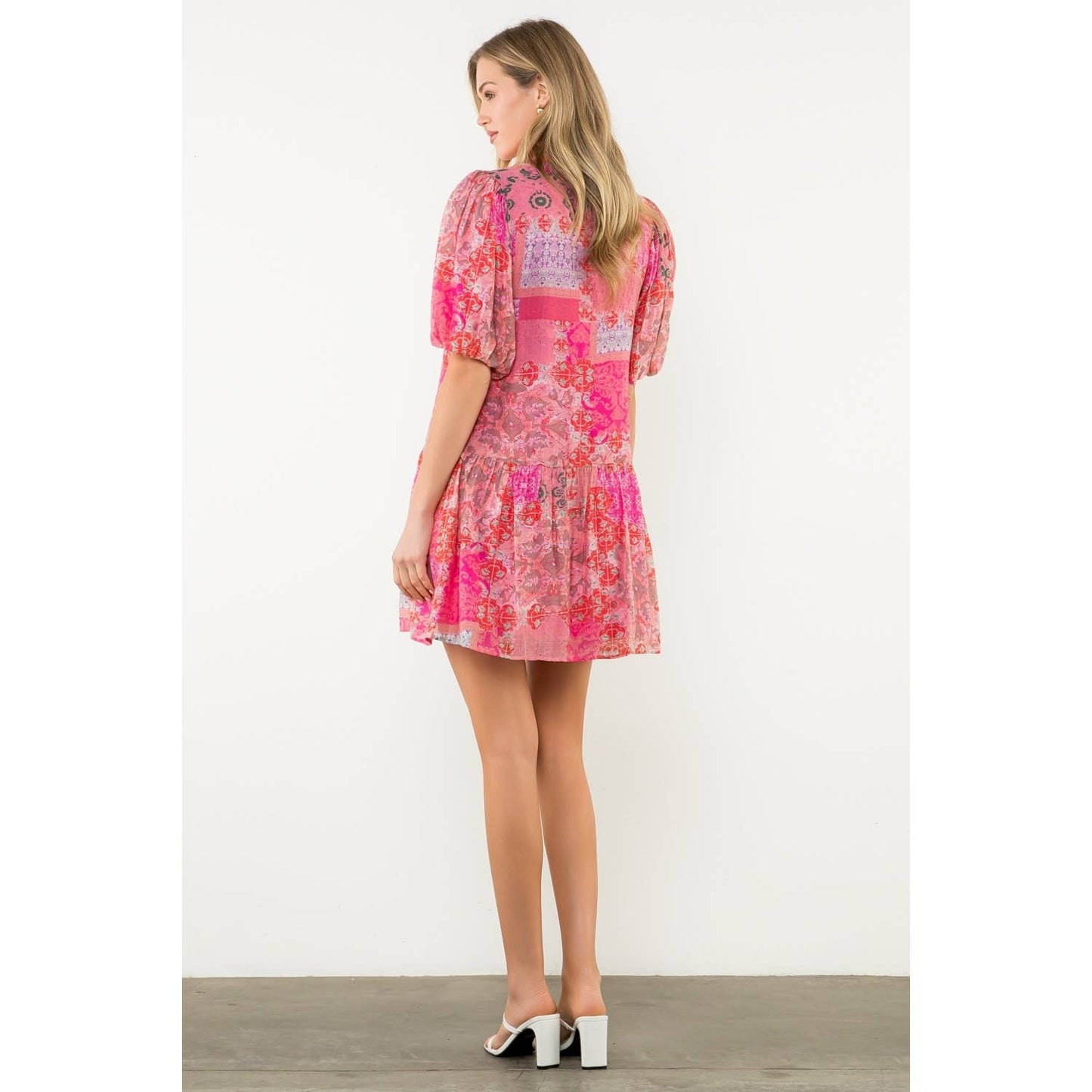 Puff Sleeve Multi Print Dress: PINK