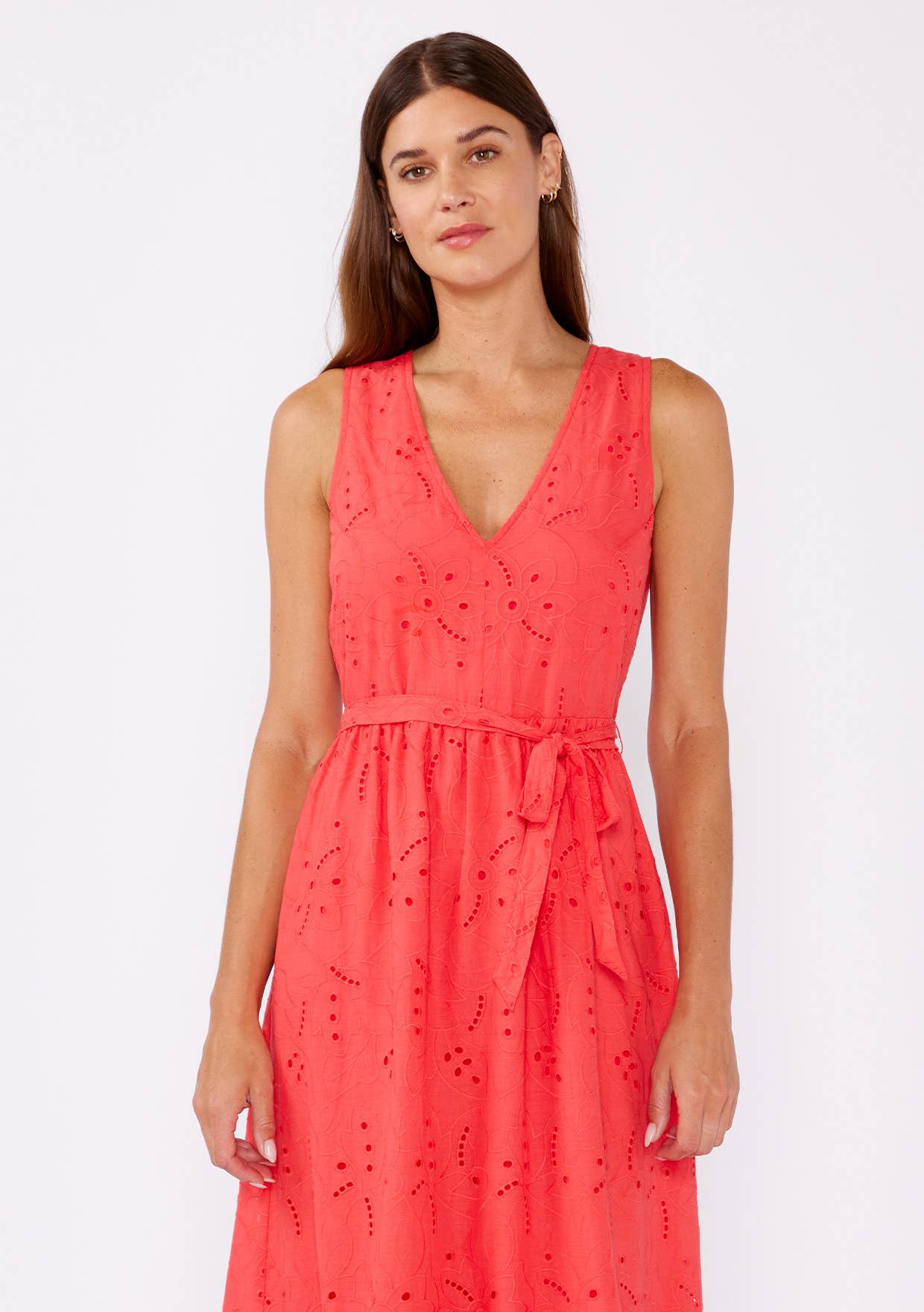 V-Neck Eyelet Midi Dress with Waist Belt: Coral