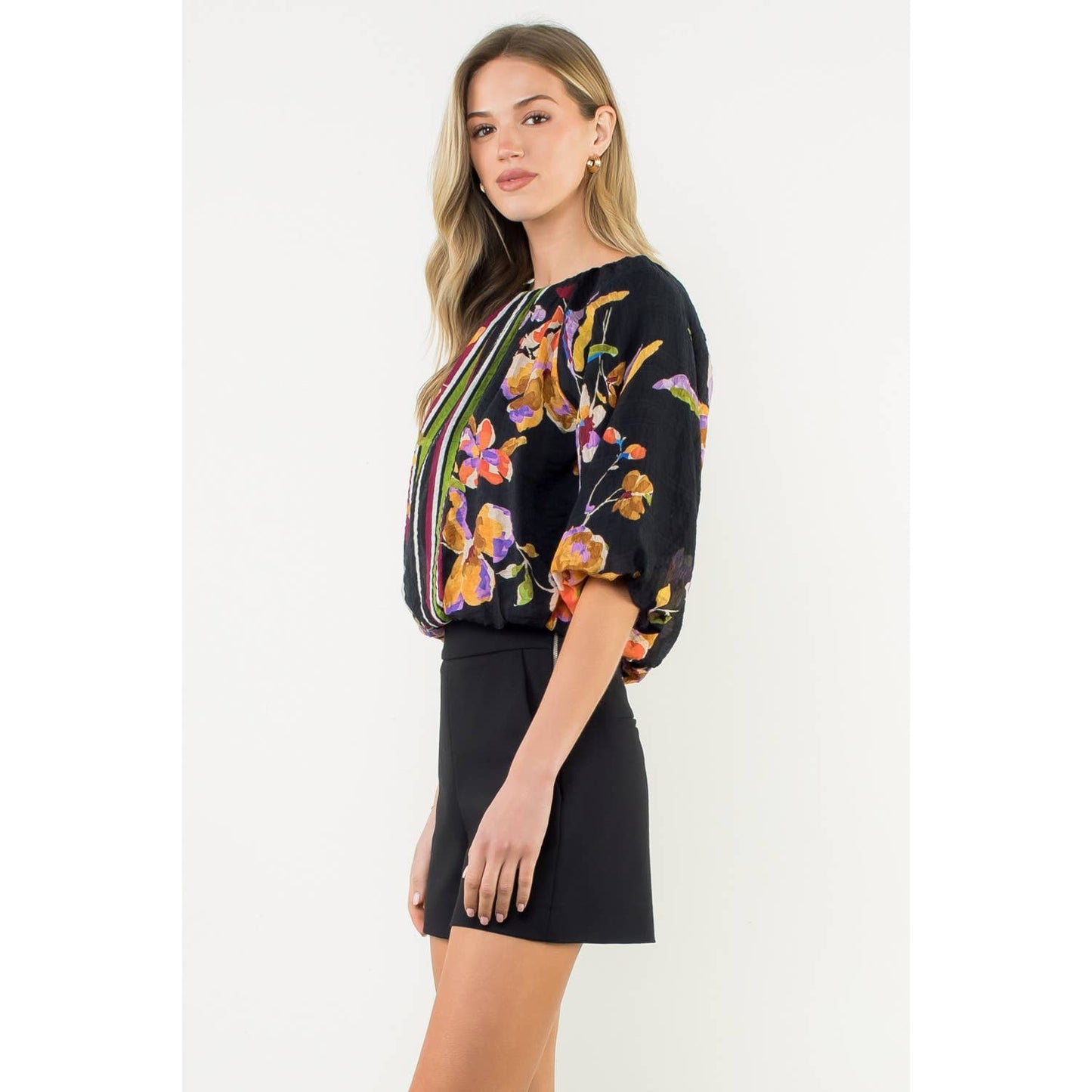 Striped Floral Puff Sleeve Blouse: BLACK / XS-S-M-L(1-2-2-1)