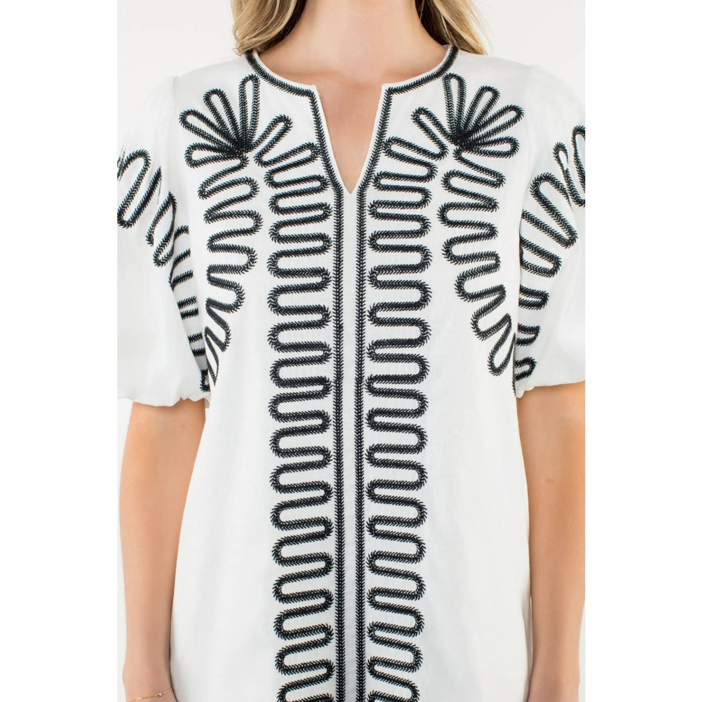 Amelia Embroidered Puff Sleeve V-Neck Dress: Black