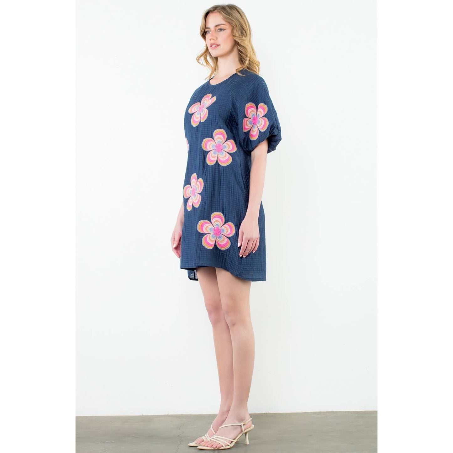 Flower Embroidered Textured Dress: NAVY
