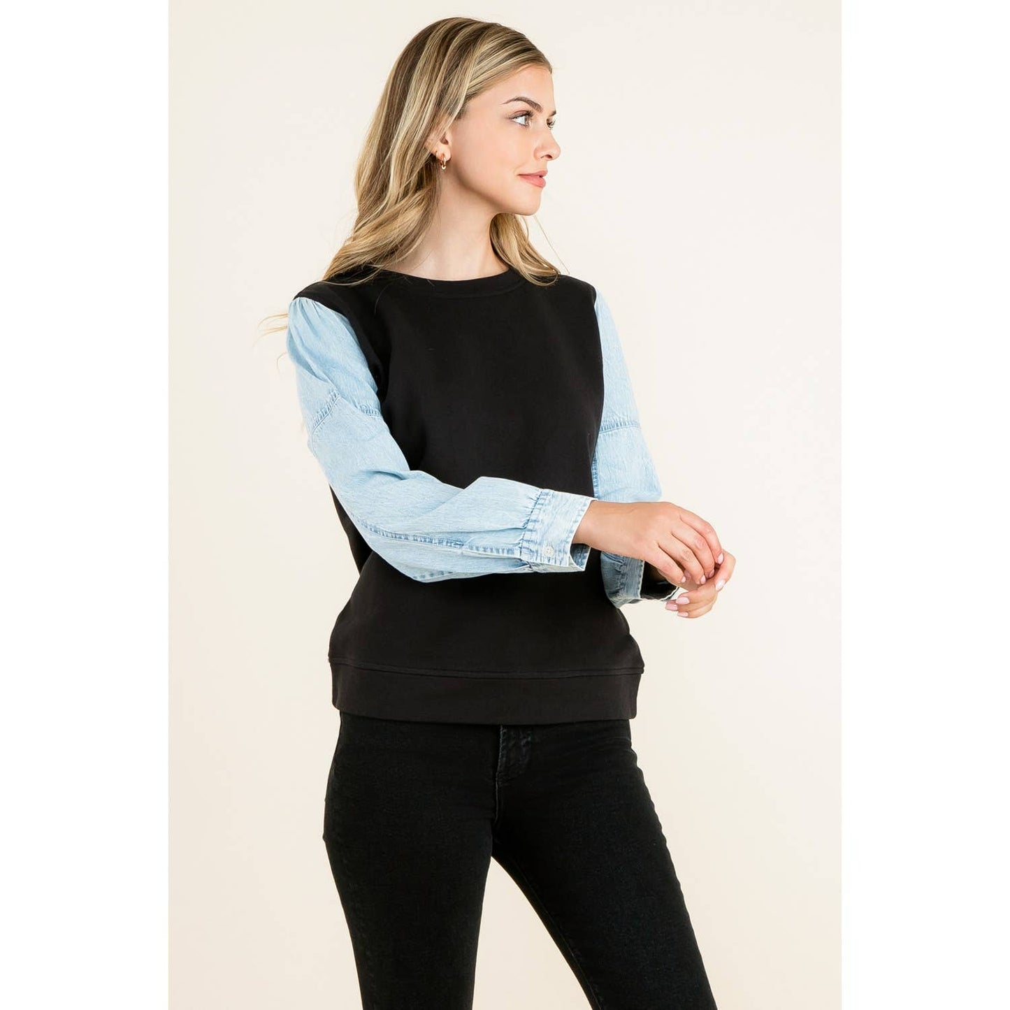 Knit Denim Sleeve Top: BLACK
