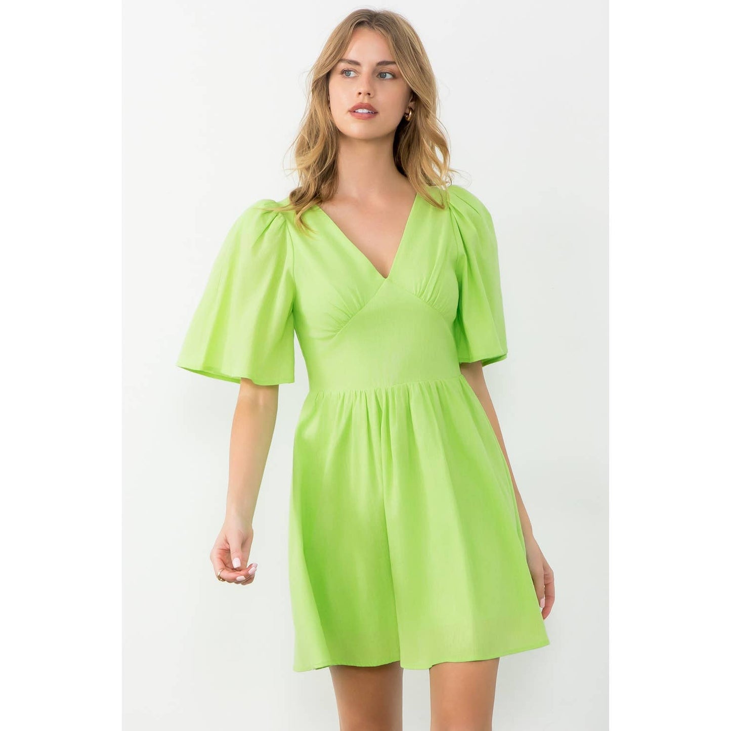Avery Puff Sleeve V-Neck Solid Mini Dress: LIME