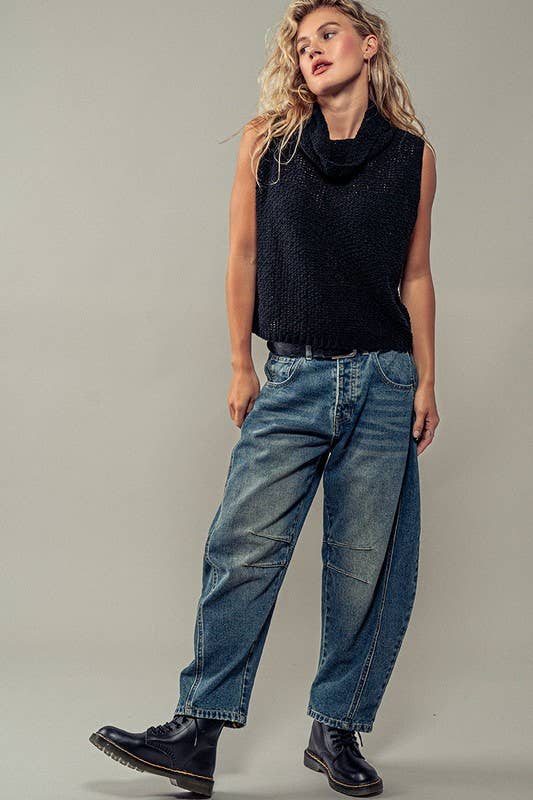 Taylor Sleeveless Cowl Neck Crochet Top: BLACK