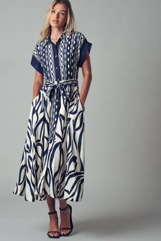 Abstract Print Button-Down Midi Dress: NAVY / S-2/M-2/L-2