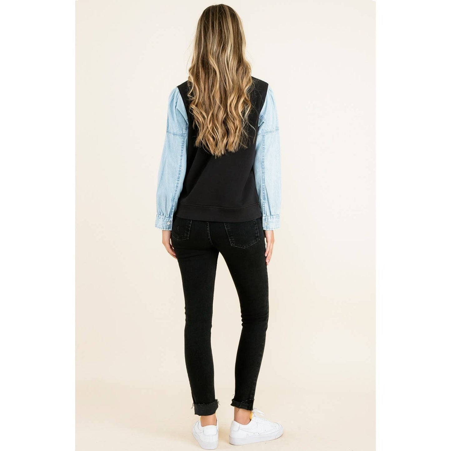 Knit Denim Sleeve Top: BLACK