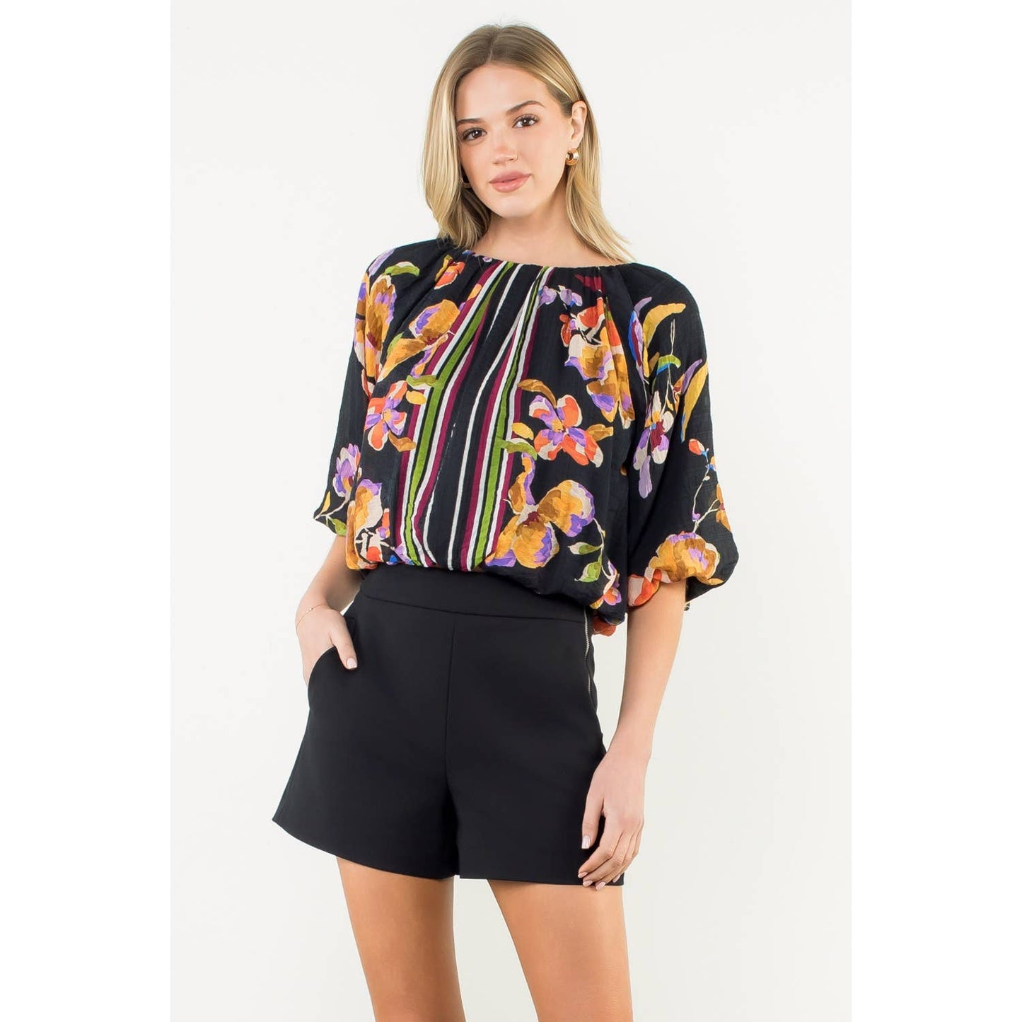 Striped Floral Puff Sleeve Blouse: BLACK / XS-S-M-L(1-2-2-1)
