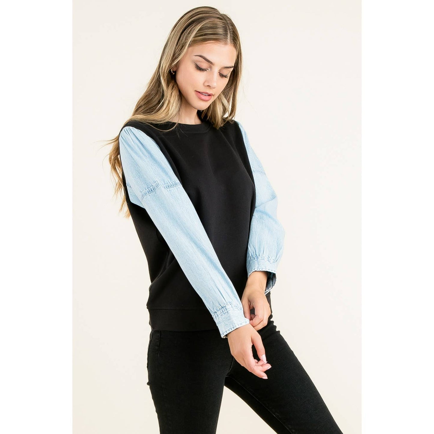 Knit Denim Sleeve Top: BLACK