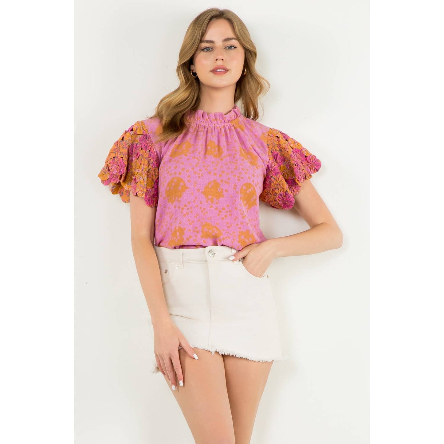 Joie Handmade Flower Embellished Sleeve Top: PINK
