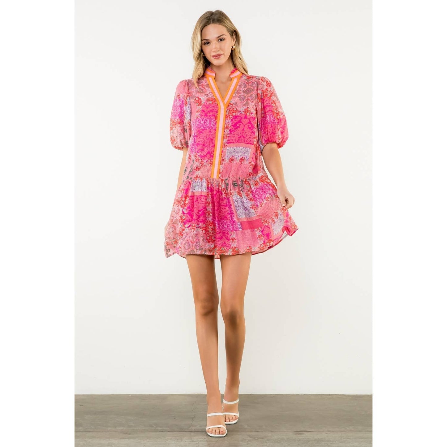 Puff Sleeve Multi Print Dress: PINK