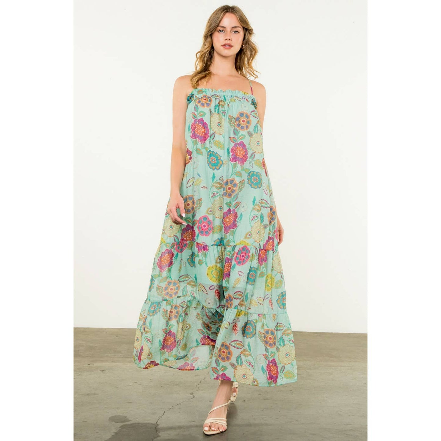 Ansley Strap Tie Floral Maxi Dress: MINT