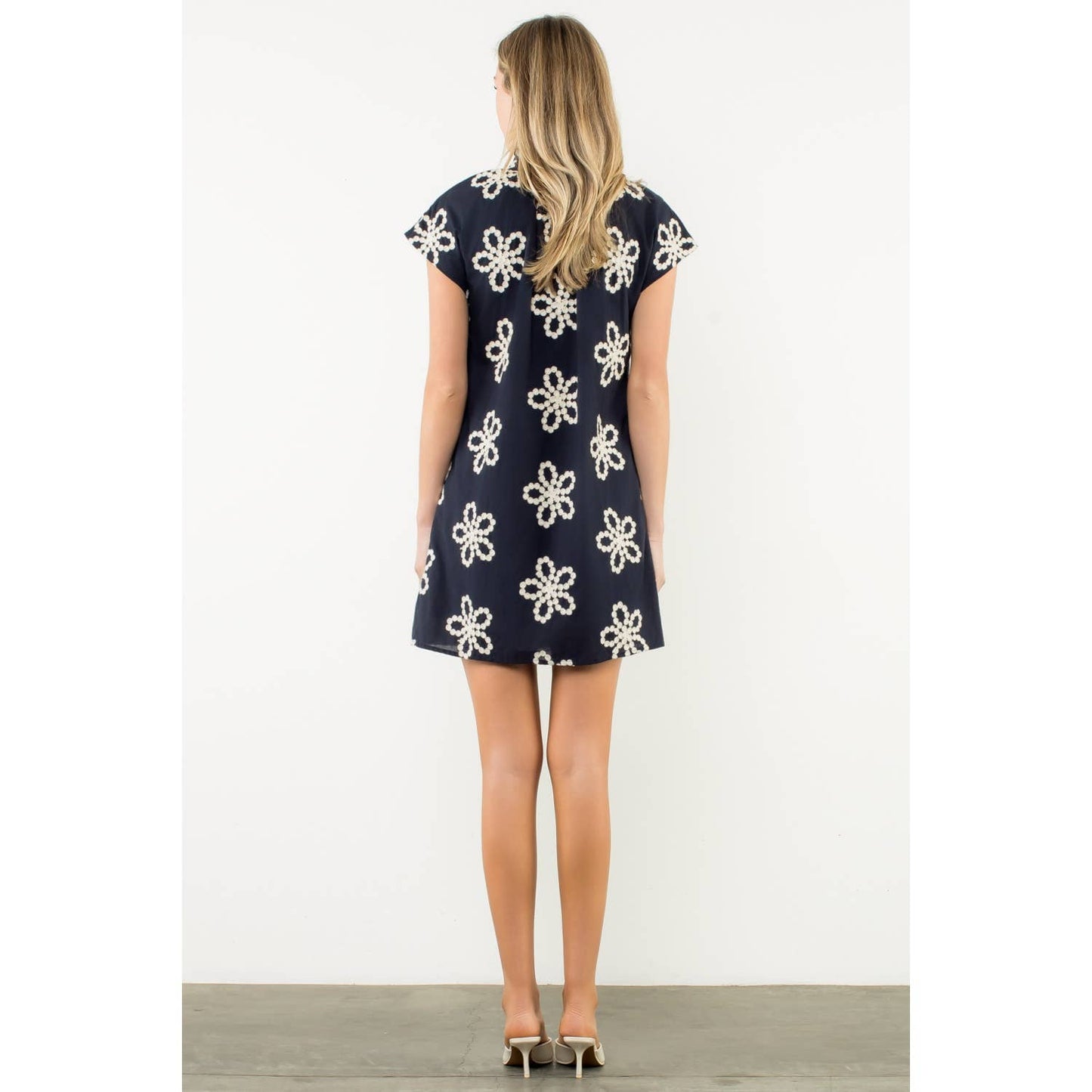 Fallon Embroidered Cap Sleeve Dress: NAVY