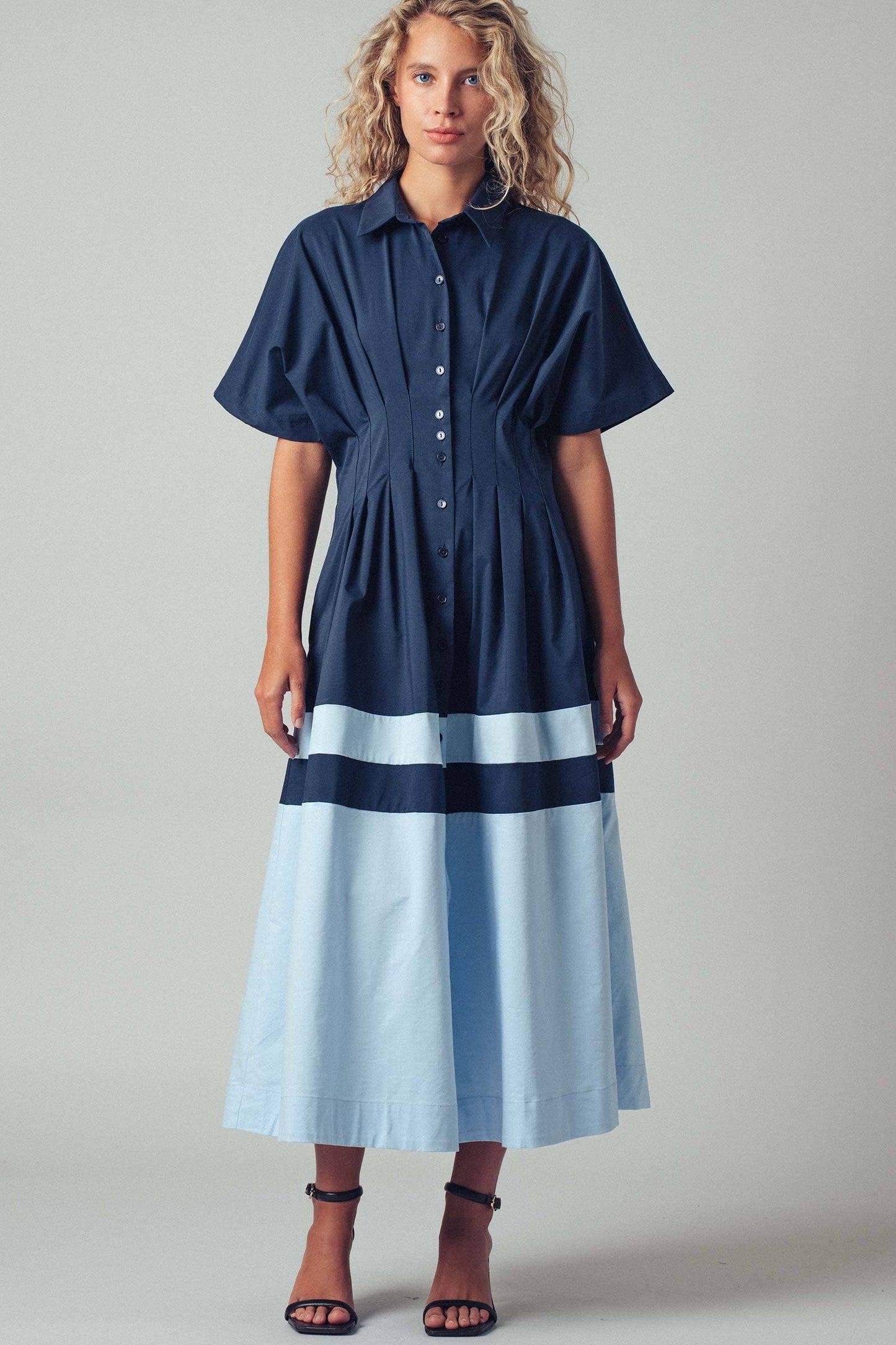 Colorblock Button-Up Cotton Midi Dress: CAMEL / S-2/M-2/L-2
