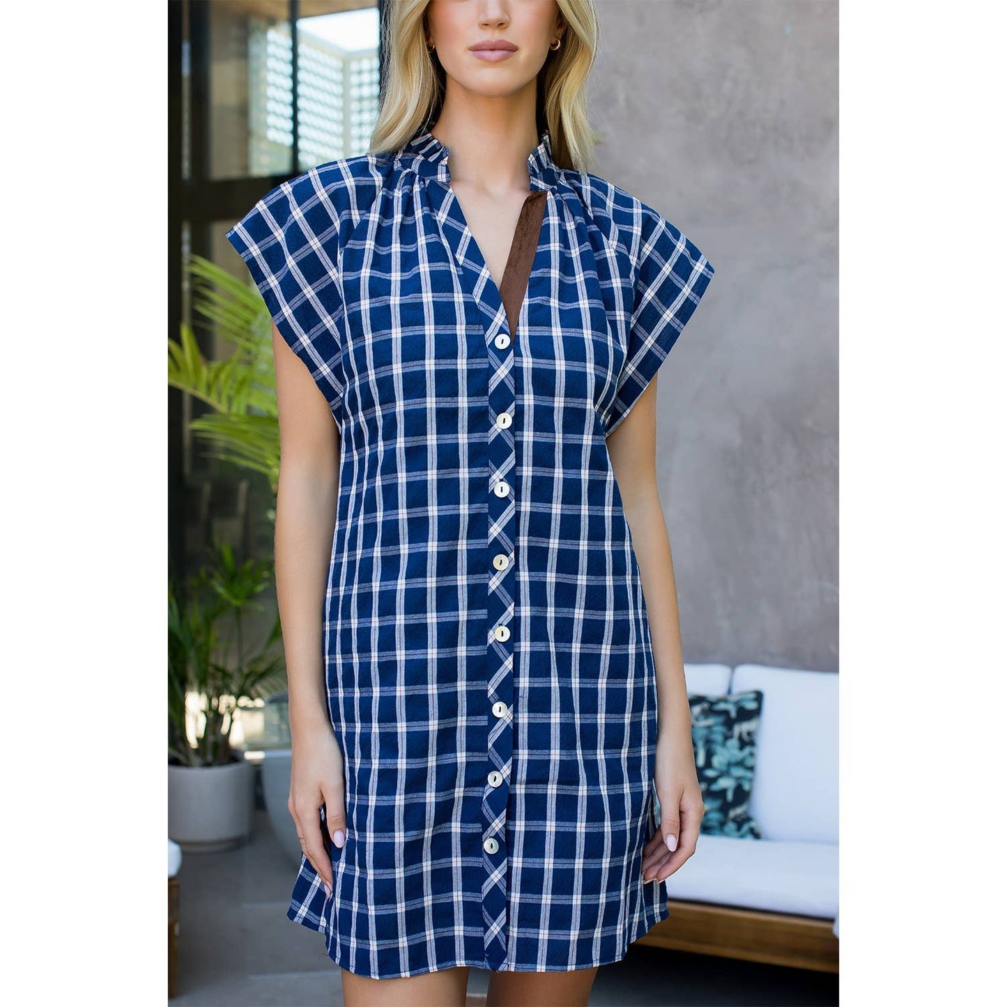 Plaid Button Front Short Sleeve Dress: NAVY / XS-S-M-L(1-2-2-1)