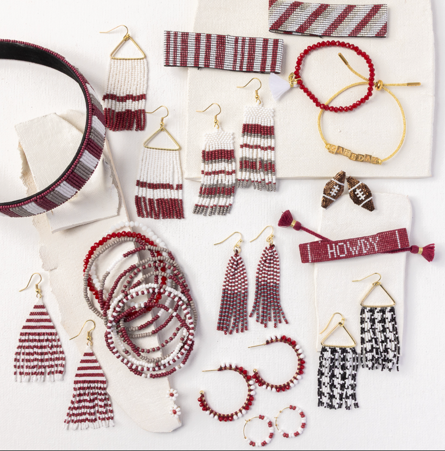 Lexie Game Day Horizontal Stripes Beaded Fringe Earrings Dark Red and White Wholesale