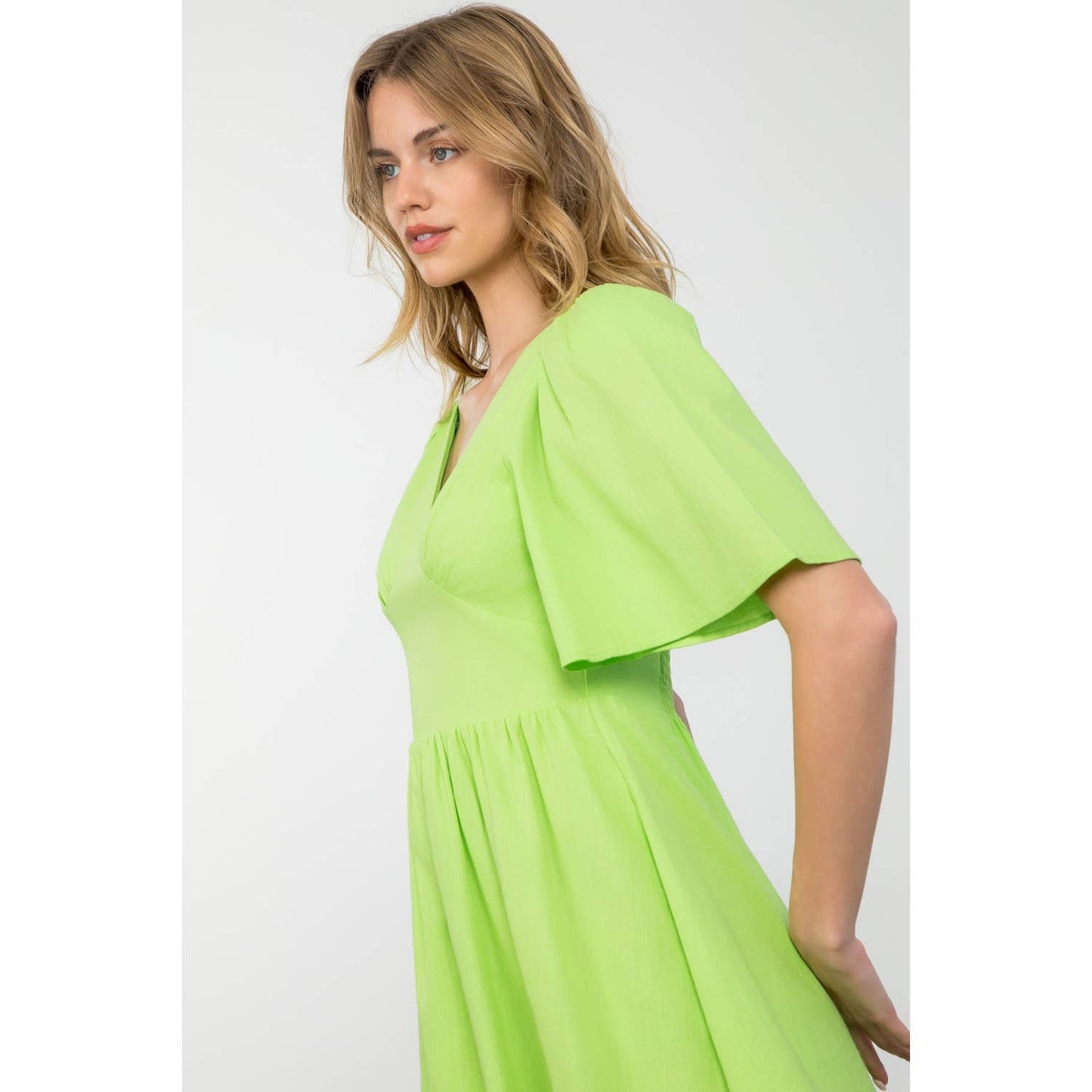 Avery Puff Sleeve V-Neck Solid Mini Dress: LIME