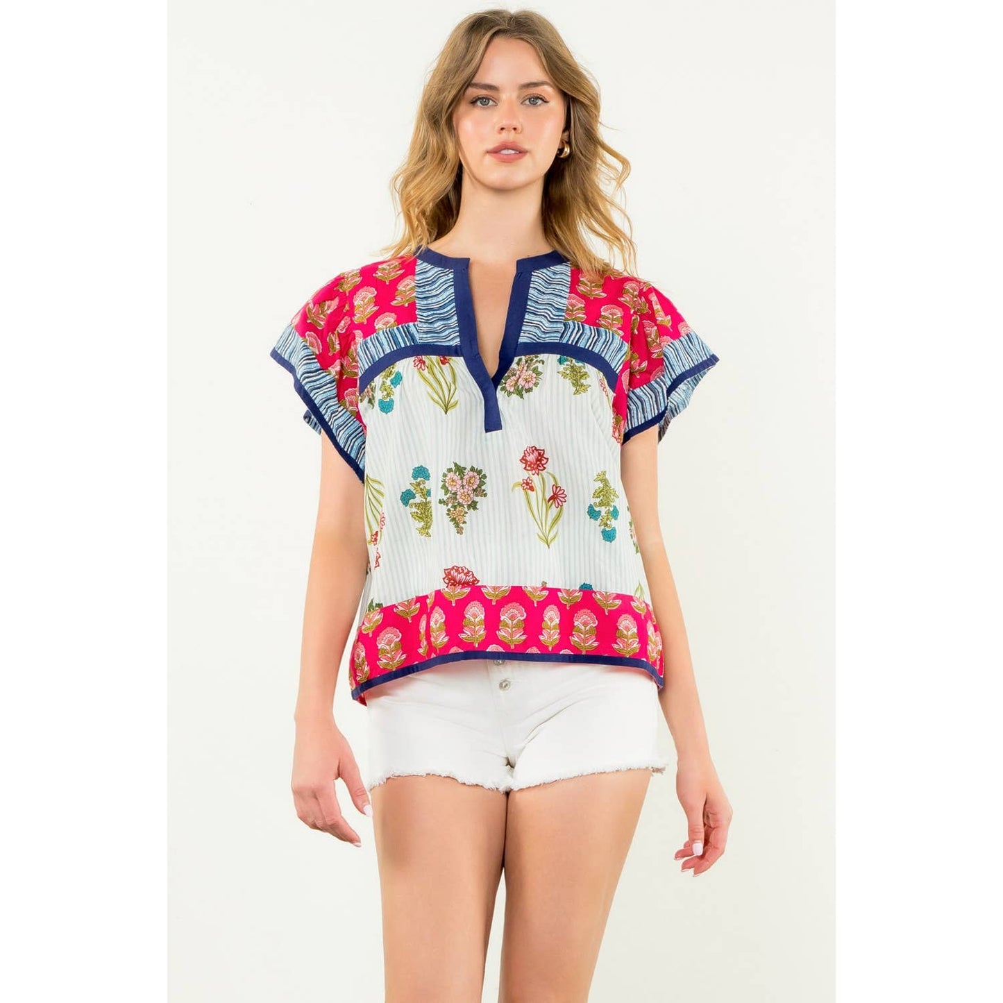 Logan Striped Floral Flutter Sleeve Top: MAGENTA