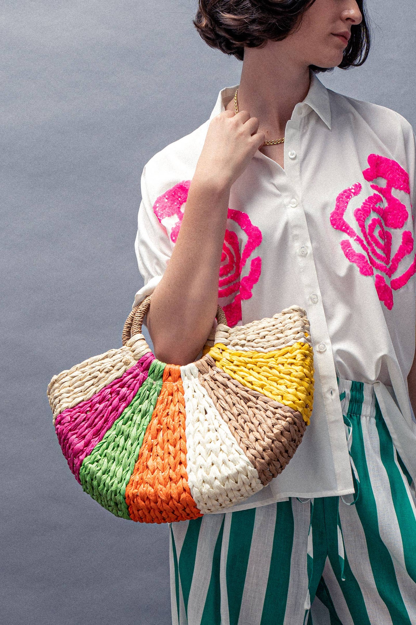 Rainbow Slice Woven Straw Tote Bag