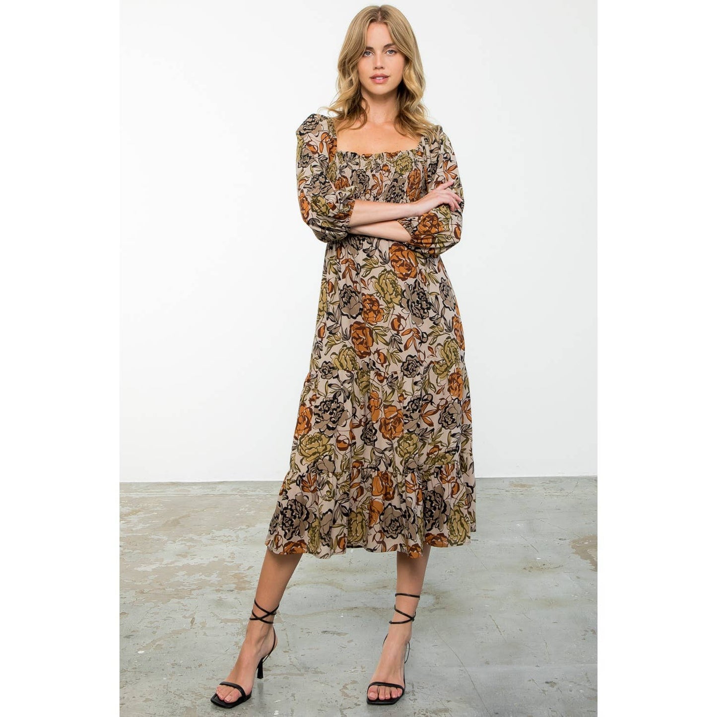 Balloon Sleeve Smocked Floral Print Maxi Dress: TAUPE / XS-S-M-L(1-2-2-1)