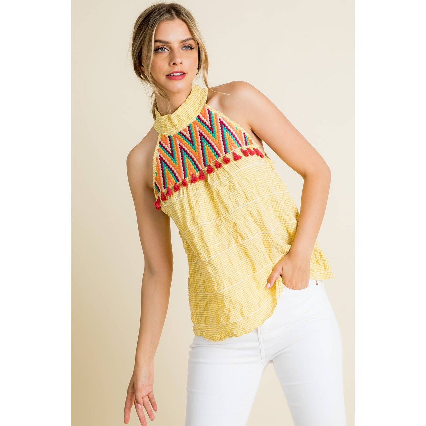 Embroidered Gingham Print Halter Top: YELLOW