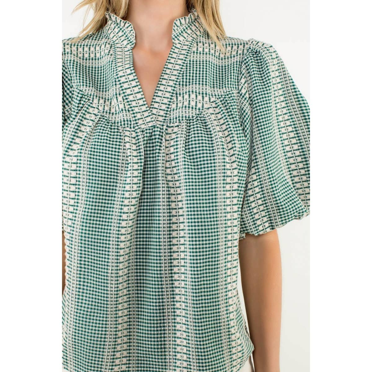 Lynn Embroidered V-Neck Puff Gingham Top: GREEN