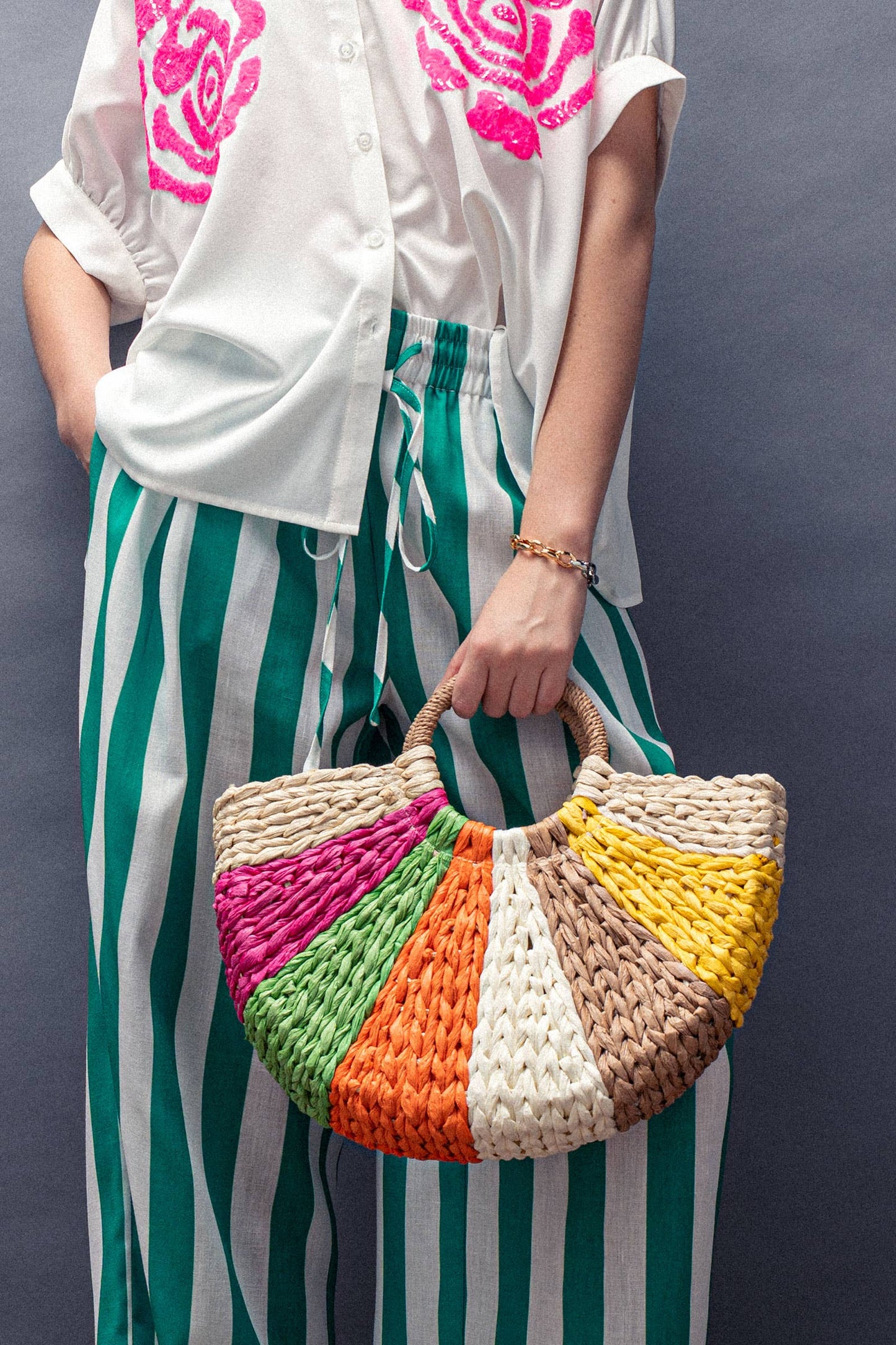 Rainbow Slice Woven Straw Tote Bag