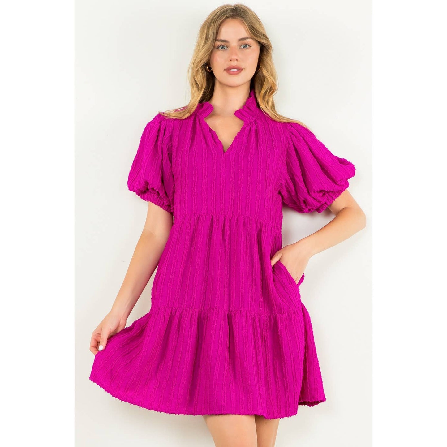 Stella Tiered Puff Sleeve Textured Dress