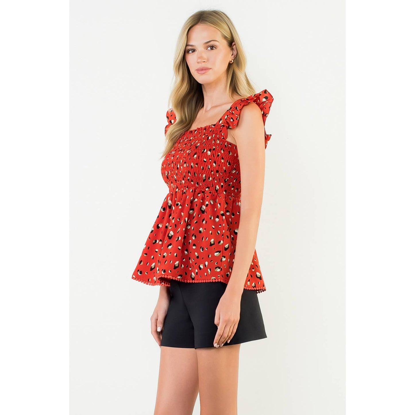 Game Day Red Smocked Ruffle Sleeve Top: RED