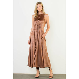 Pleated Sleeveless Maxi Dress: BROWN / XS-S-M-L(1-2-2-1)