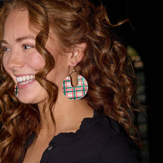 Ecru Holiday Tartan Leo Leather Statement Hoop Earrings: Silver