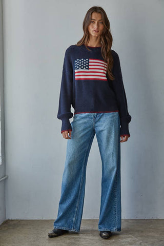 W2411 | Knit Sweater Crew American Flag Pullover: Navy / L