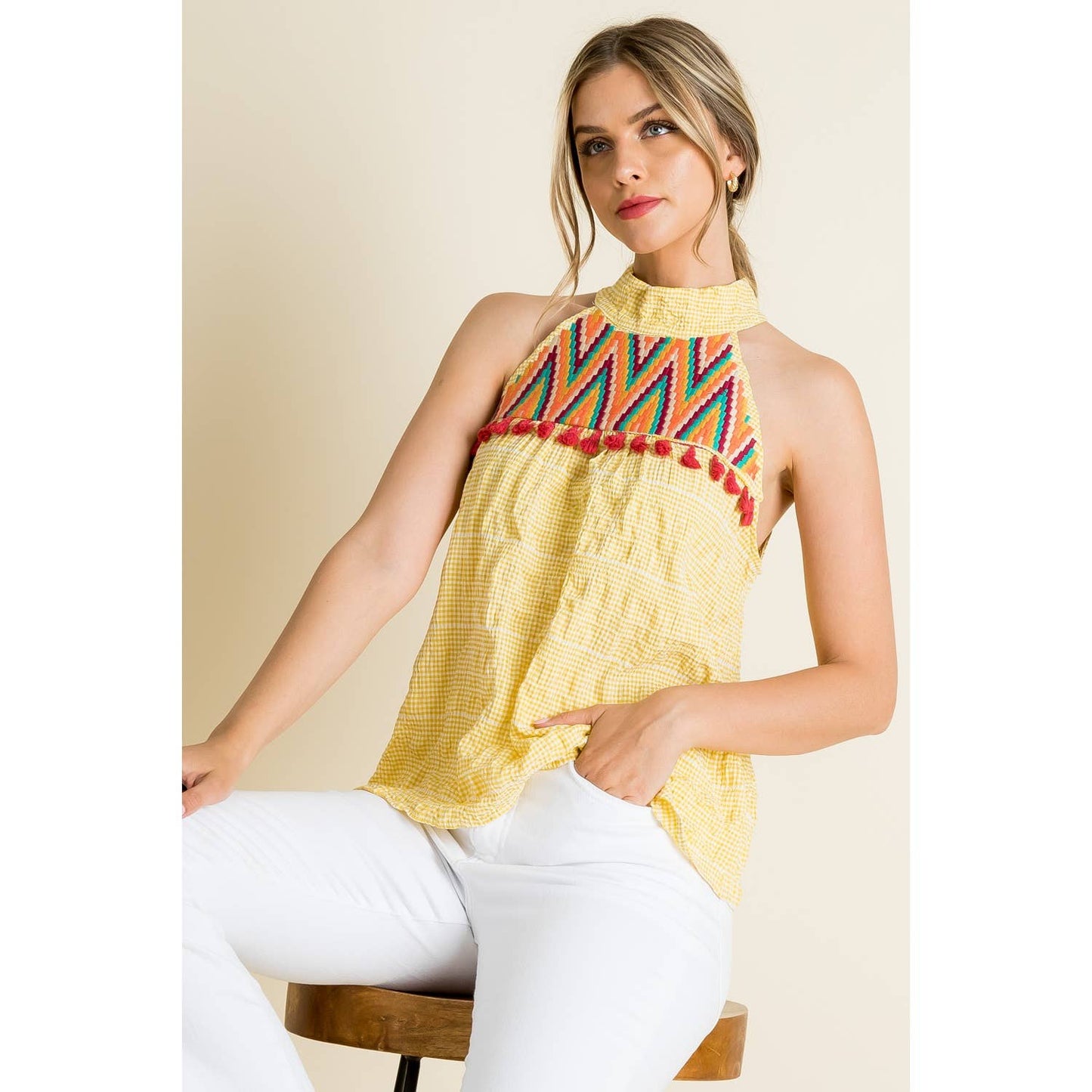 Embroidered Gingham Print Halter Top: YELLOW