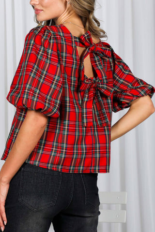 V-Back 2 Bow Accent Feminine Plaid Blouse Top VT82621A: Hunter Green / S