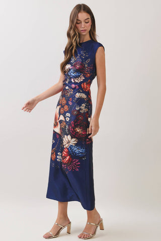 CD07530-Floral Print Satin Column Maxi Dress: NAVY / S