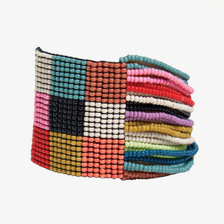 Olive Checkered Beaded Stretch Bracelet Rainbow
